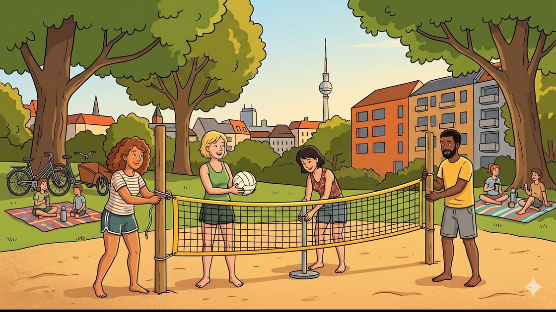 Four players rigging their own net on a sandy park court