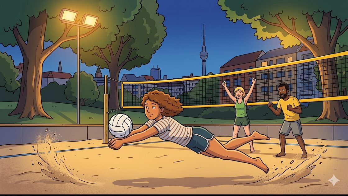 Player diving for a ball at dusk under floodlights, sand flying
