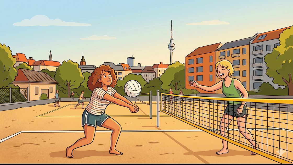 Two friends playing beach volleyball on a sand court in central Berlin