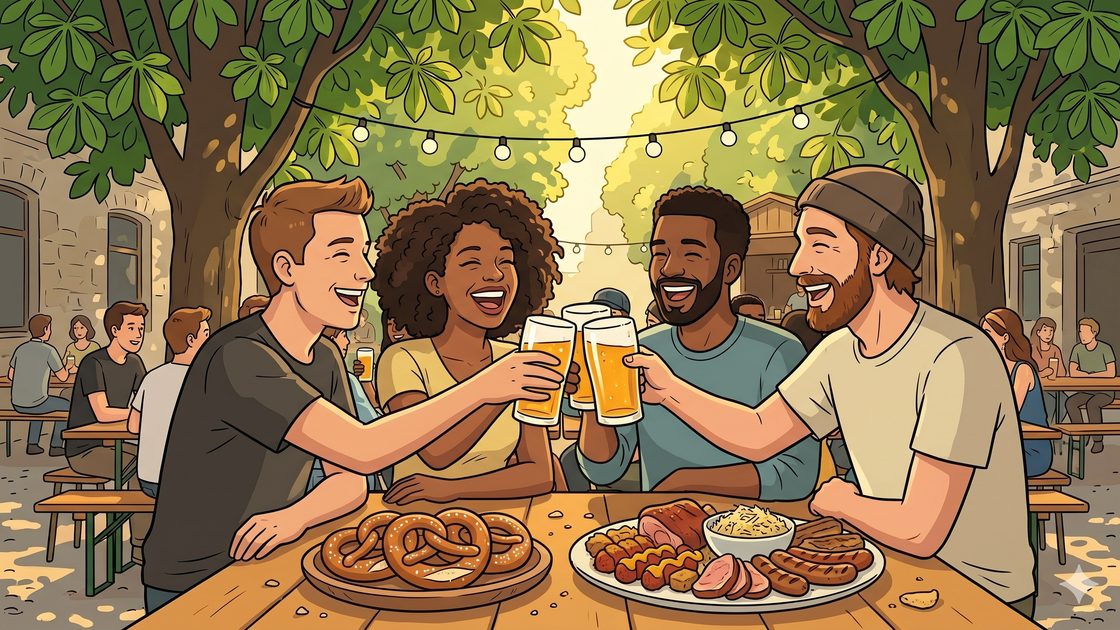 Young people laughing over beers at crowded communal benches in a leafy courtyard