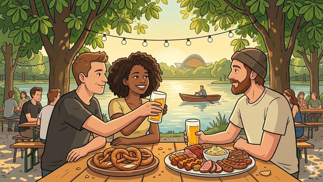 Friends with drinks beside a Tiergarten lake as a rowing boat passes