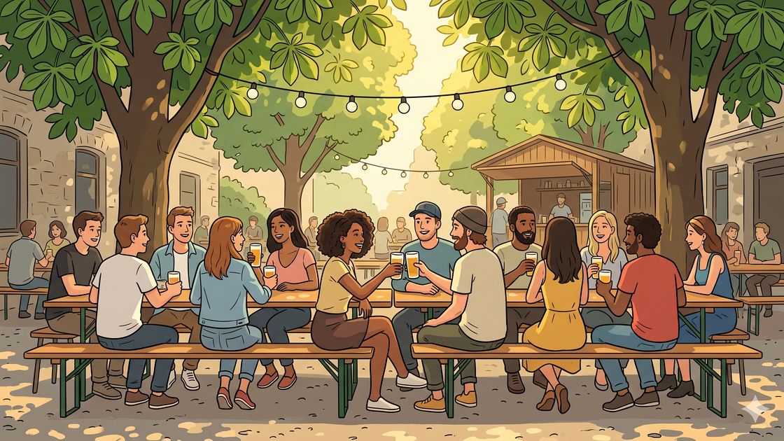 Friends sharing long wooden tables under chestnut trees at a Berlin beer garden