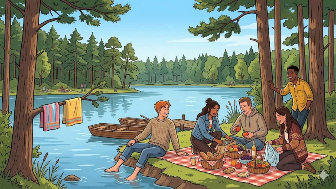 Young adults picnicking and swimming at a tree-lined Berlin lake shore
