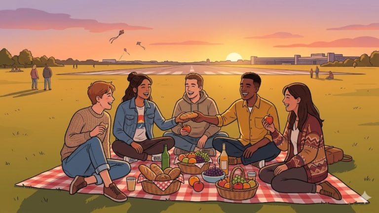 Friends sharing a picnic on Tempelhofer Feld, one of the best picnic spots in Berlin