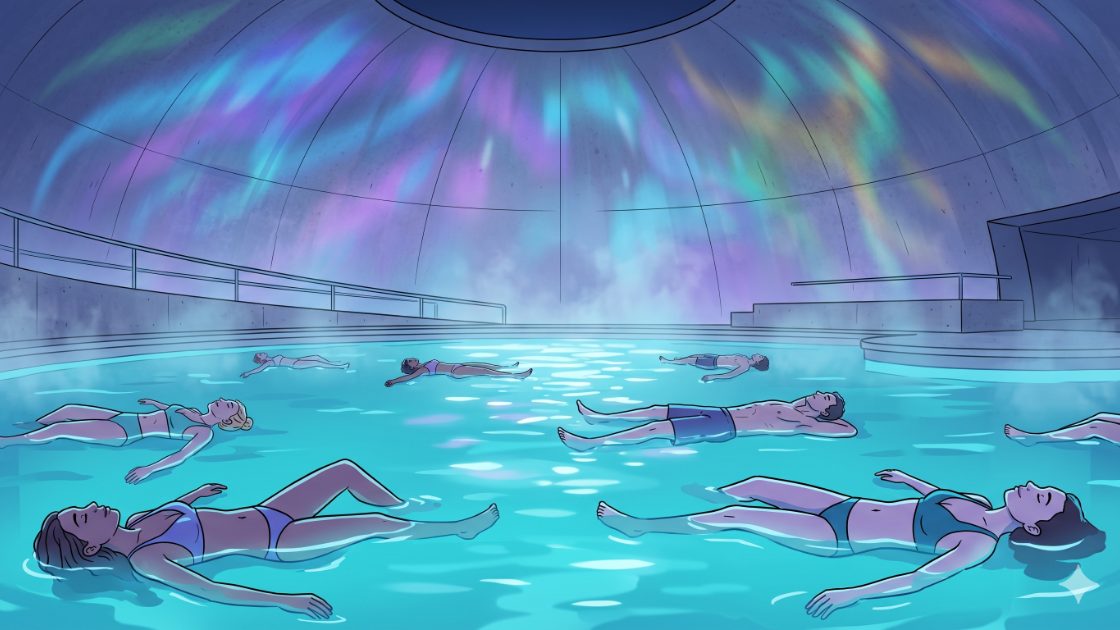 People floating in a turquoise saltwater pool under a concrete dome with coloured light