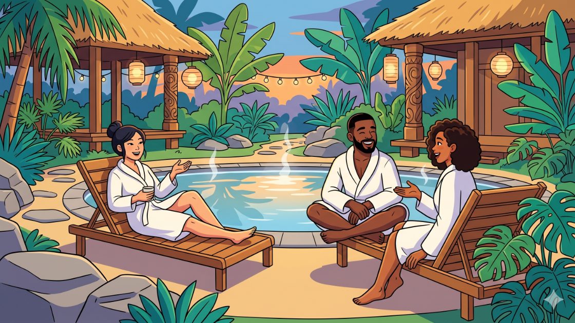 Friends in robes relaxing by a warm pool in a Balinese-style Berlin sauna garden