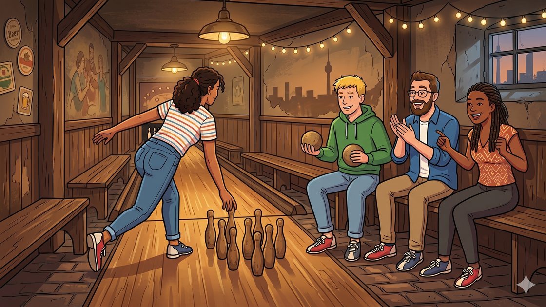 Two friends playing nine-pin Kegeln on a vintage wooden lane in a Berlin cellar bar