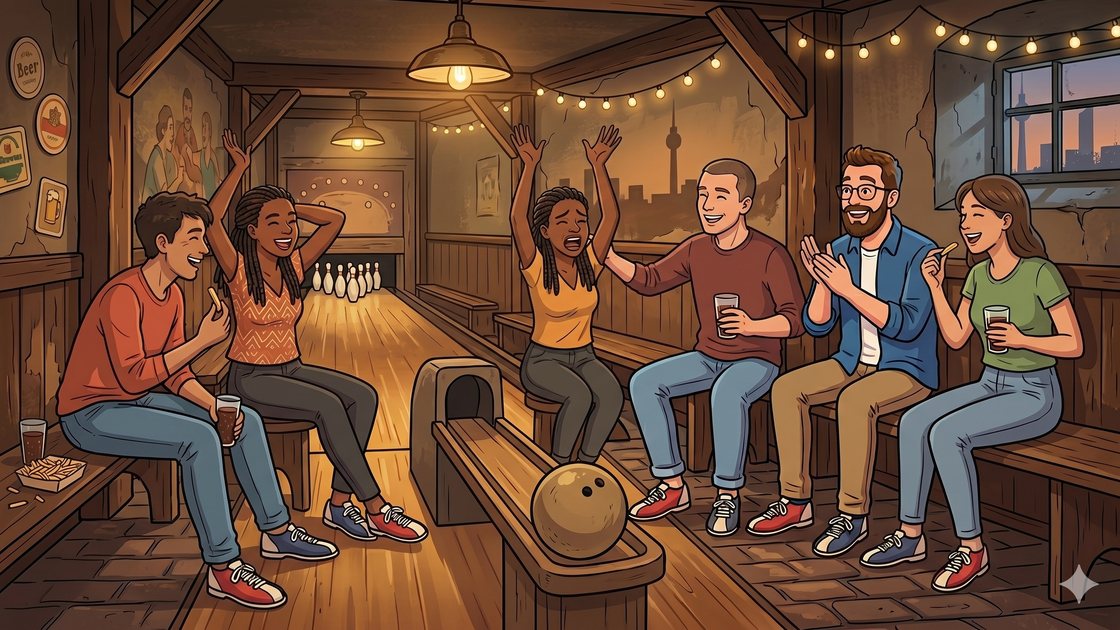 Group of friends laughing together between throws at a Berlin bowling alley seating area