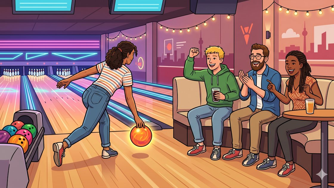 Friends bowling together on a glowing tenpin lane in a Berlin bowling centre