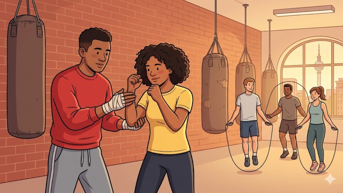Coach showing a young newcomer how to hold a boxing guard inside a Berlin gym