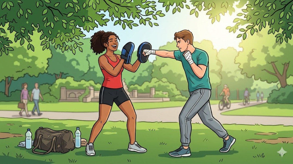 Two friends doing boxing pad work together outdoors in a Berlin park