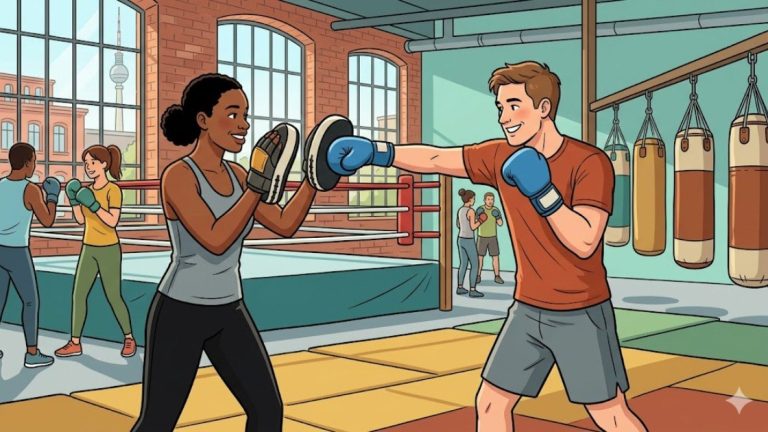 Two beginners practising pad work at a beginner boxing class in a Berlin gym