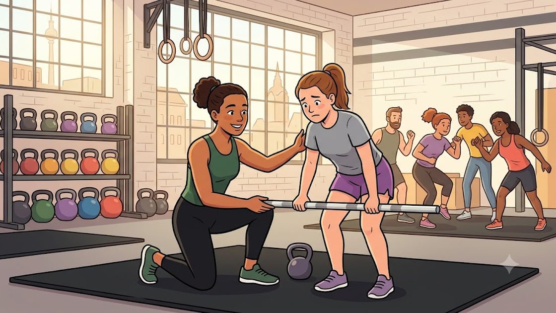 A coach showing a beginner how to scale a movement during a class