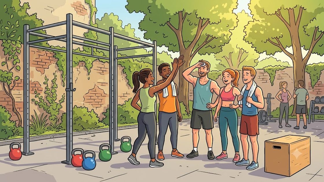 Young adults high-fiving and catching their breath together after a workout