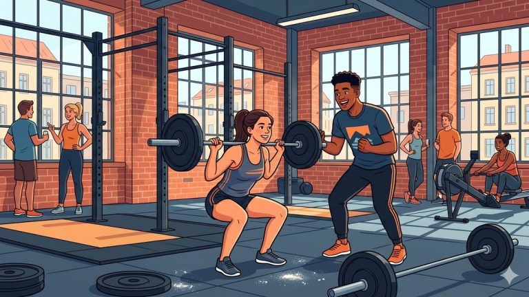 Two friends training with barbells in a bright Berlin CrossFit box with big windows