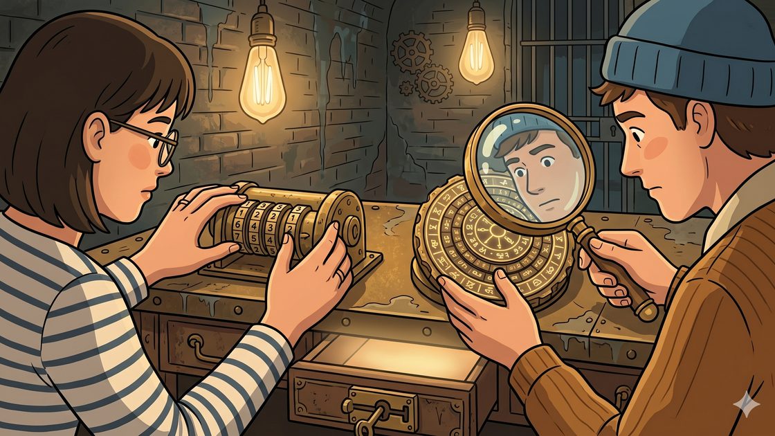 Friends examining clues and an old lock on a vintage desk in a dim escape room