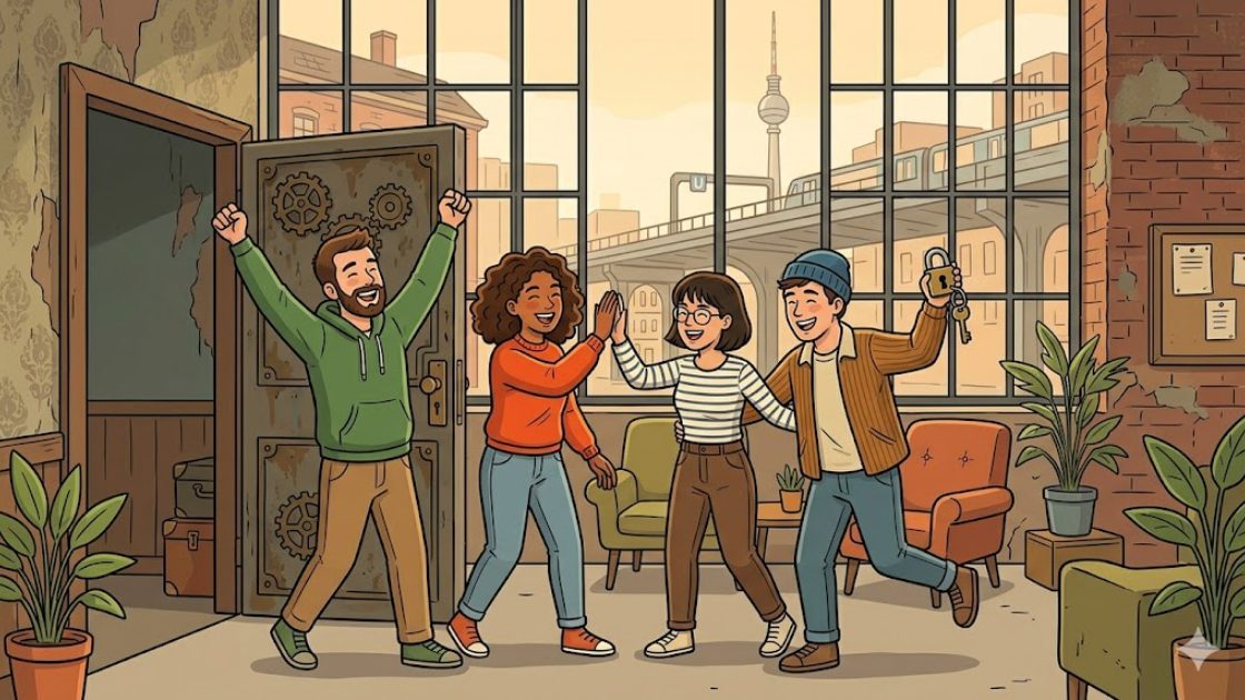 Diverse team laughing and high-fiving after escaping a themed room in Berlin