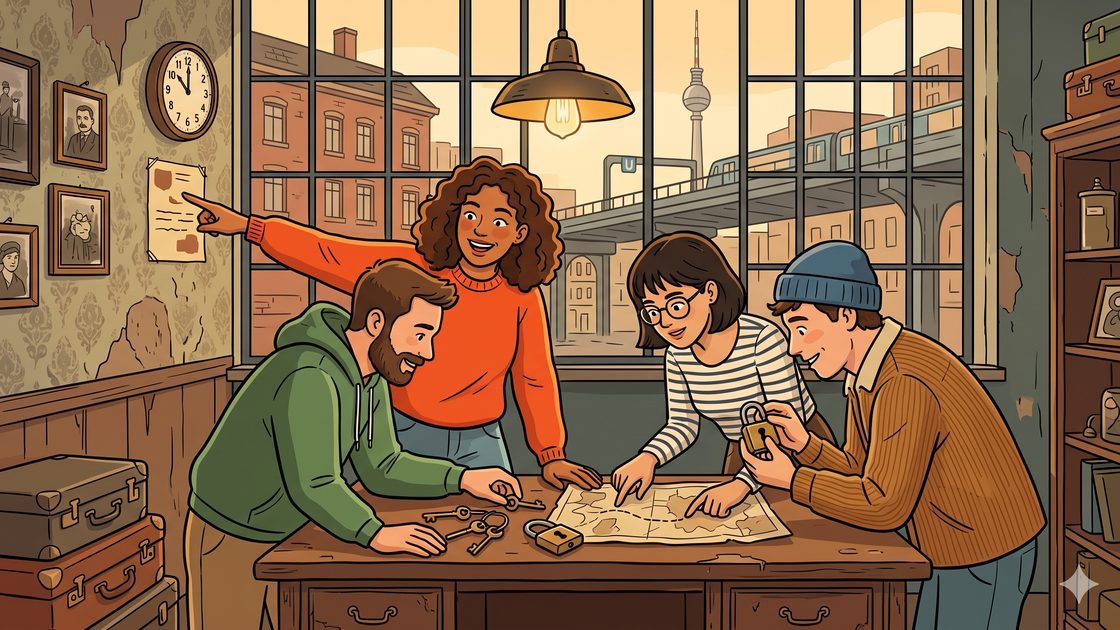Four young adults solving puzzles together inside a themed escape room in Berlin