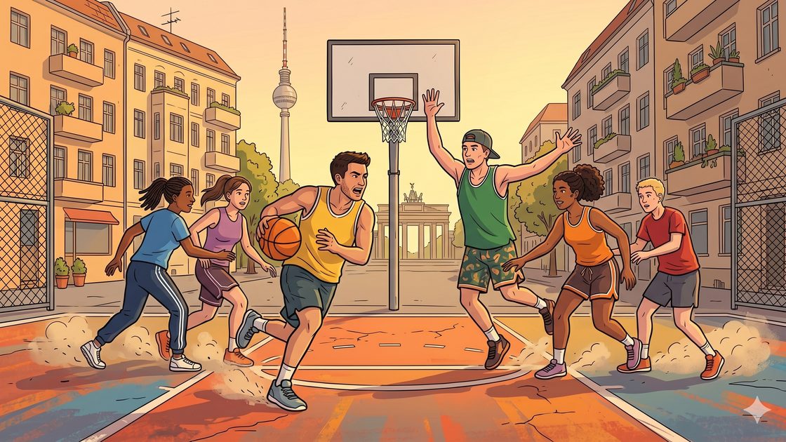 Players going for the ball during a fast three-on-three game on a Berlin court