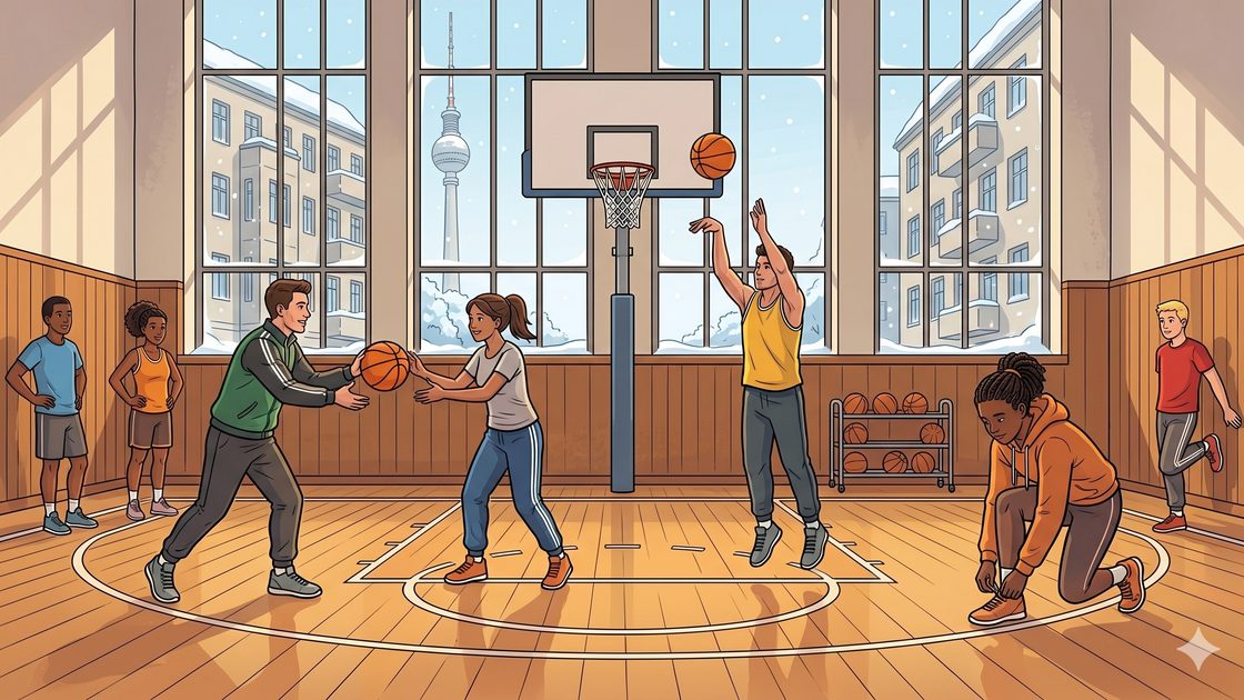 A friendly group shooting hoops together in a bright Berlin indoor sports hall