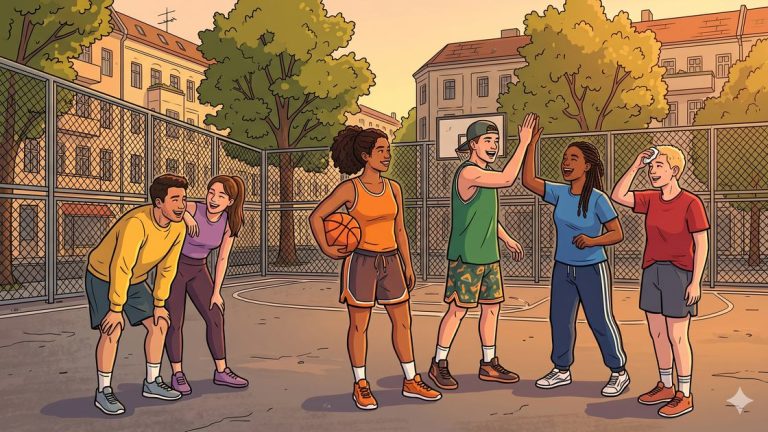 Young adults playing pickup basketball together on an outdoor court in Berlin