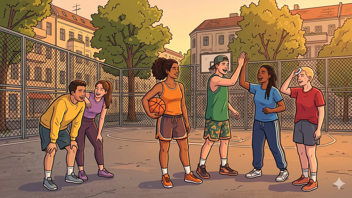 Young adults playing pickup basketball together on an outdoor court in Berlin