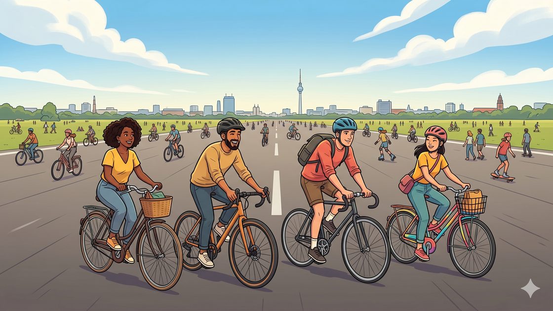 Cyclists riding across the wide open tarmac of Tempelhofer Feld in Berlin