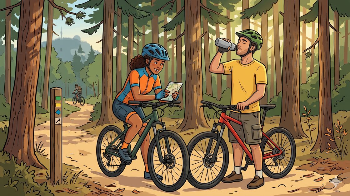 Young adults on bikes pausing together on a forest trail in Grunewald Berlin