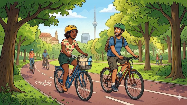 Two cycling partners riding side by side on a Berlin bike path in summer