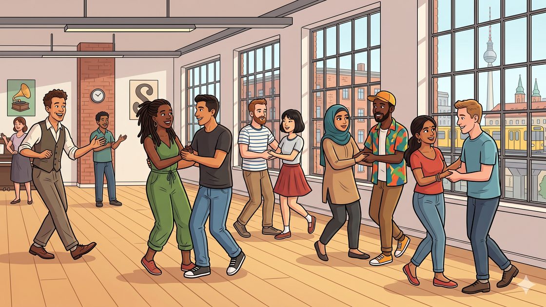 A beginner Lindy hop class practising steps in pairs in a bright Berlin studio
