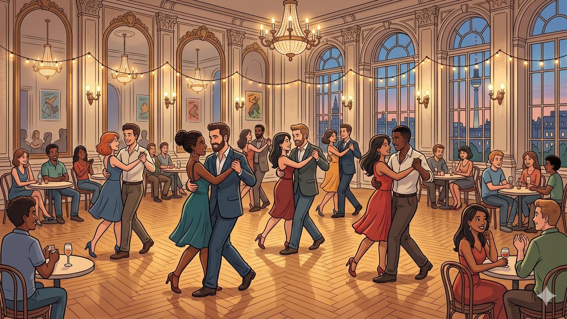 Diverse pairs dancing tango at an evening milonga in a historic Berlin ballroom