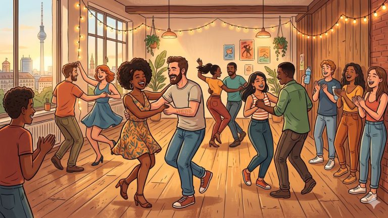 Young adults social dancing salsa together in a warm Berlin dance studio