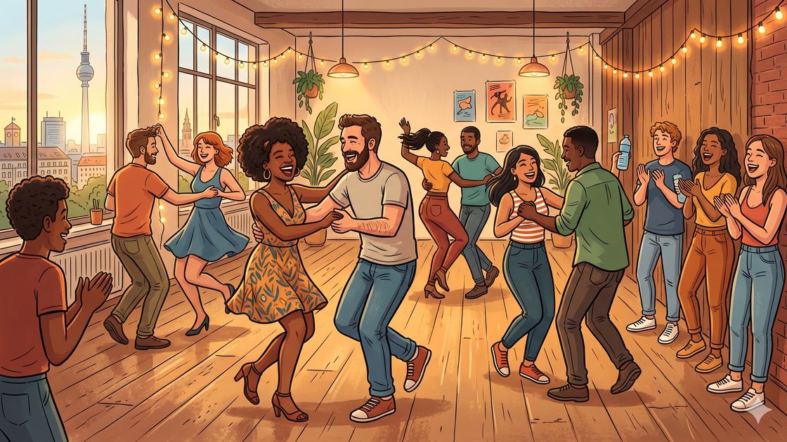 Young adults social dancing salsa together in a warm Berlin dance studio