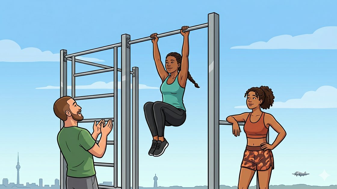 Young adults training on outdoor pull-up bars at Tempelhofer Feld in Berlin