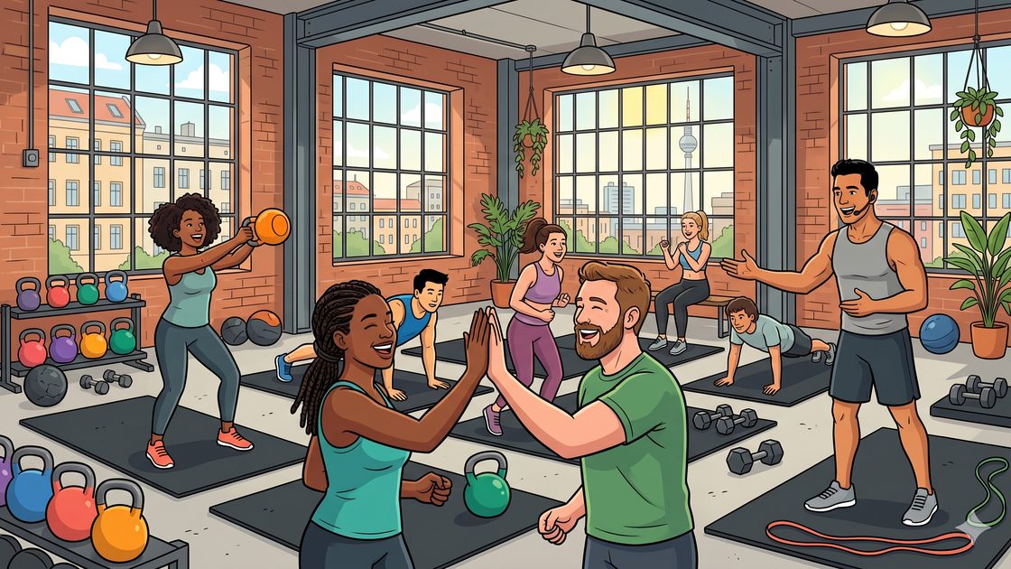 Small group doing a functional fitness class together in a bright Berlin studio