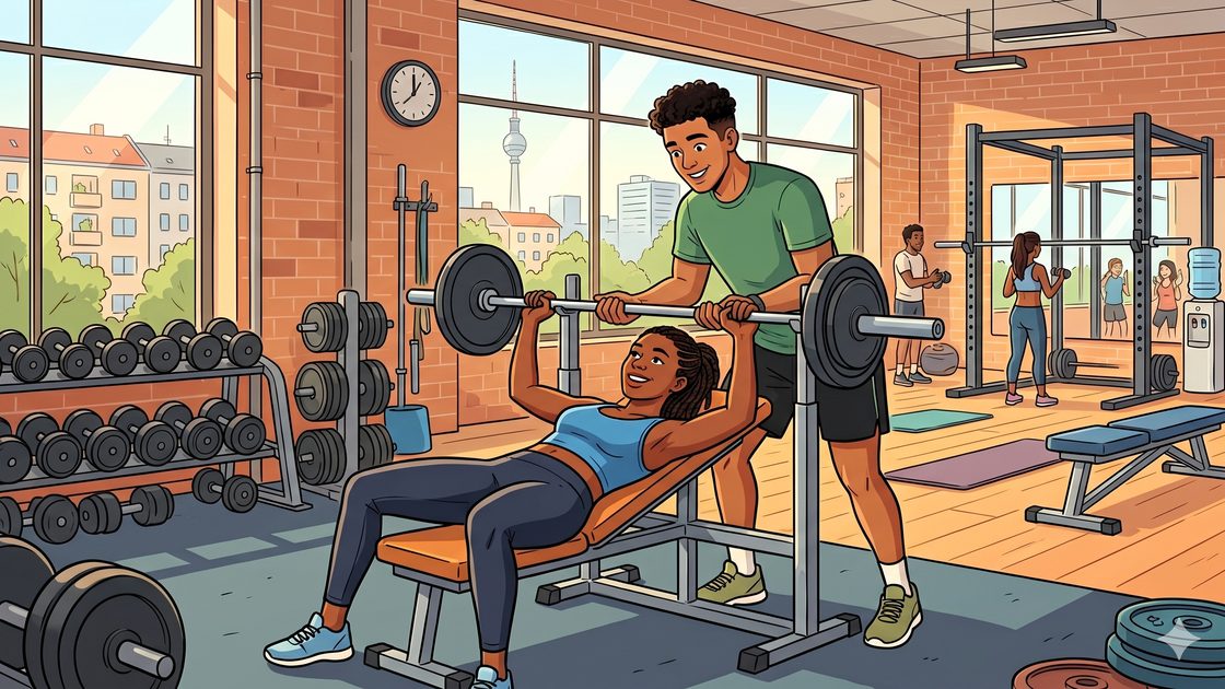 Two gym buddies in Berlin spotting each other during a barbell workout