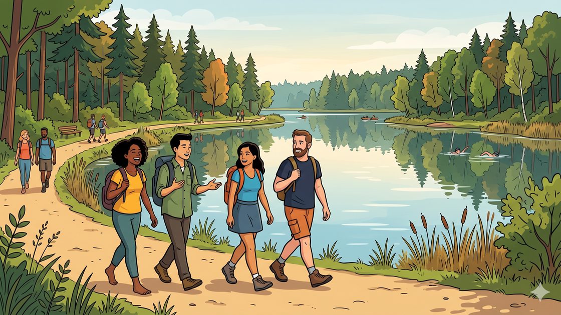 Walkers on a sandy pine-forest path beside a lake in Berlin's Grunewald