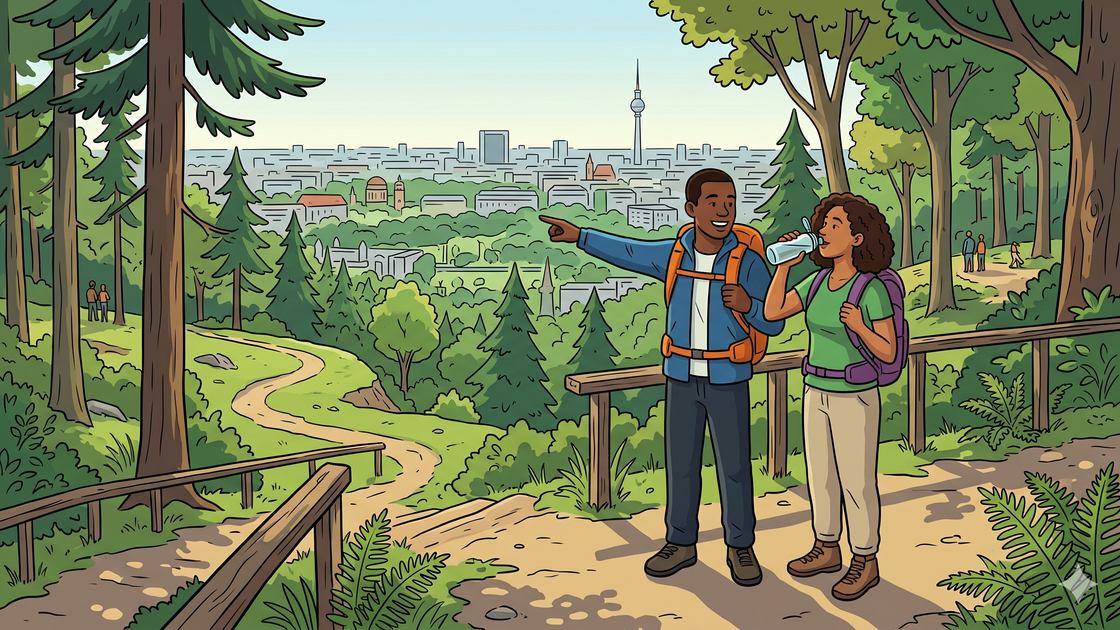 Young adults pausing together at a viewpoint on a wooded Berlin hill
