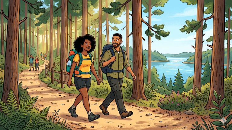 Two hiking partners walking together on a sunny forest trail near Berlin