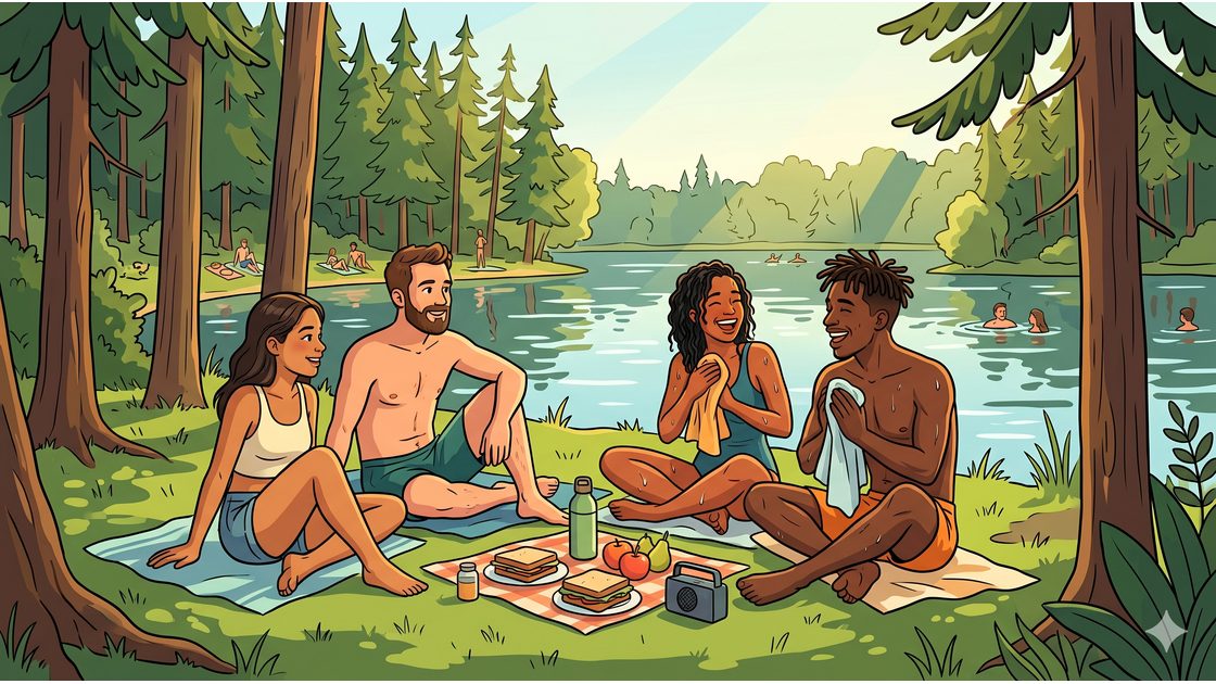 Friends relaxing on the grassy bank of Schlachtensee lake in Berlin