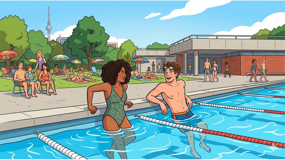 Young adults swimming lengths together at an outdoor pool in Berlin