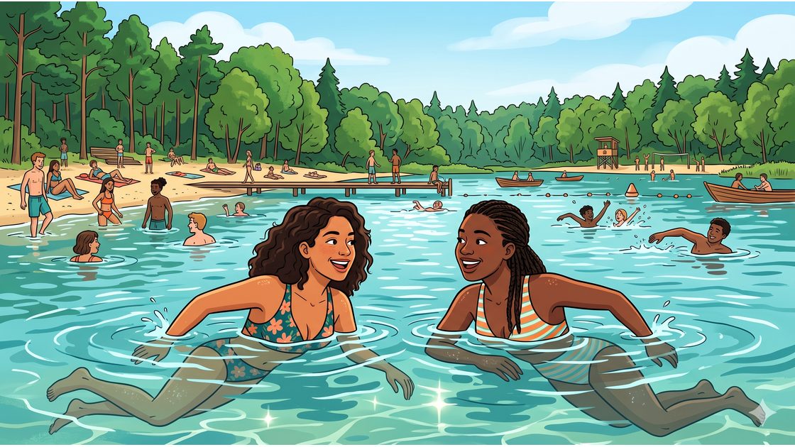 Two swimming partners in a Berlin lake swimming side by side in summer