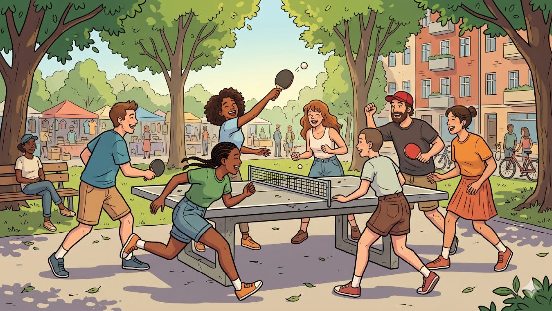 A group of young adults playing round-the-table ping pong outdoors in a Berlin park