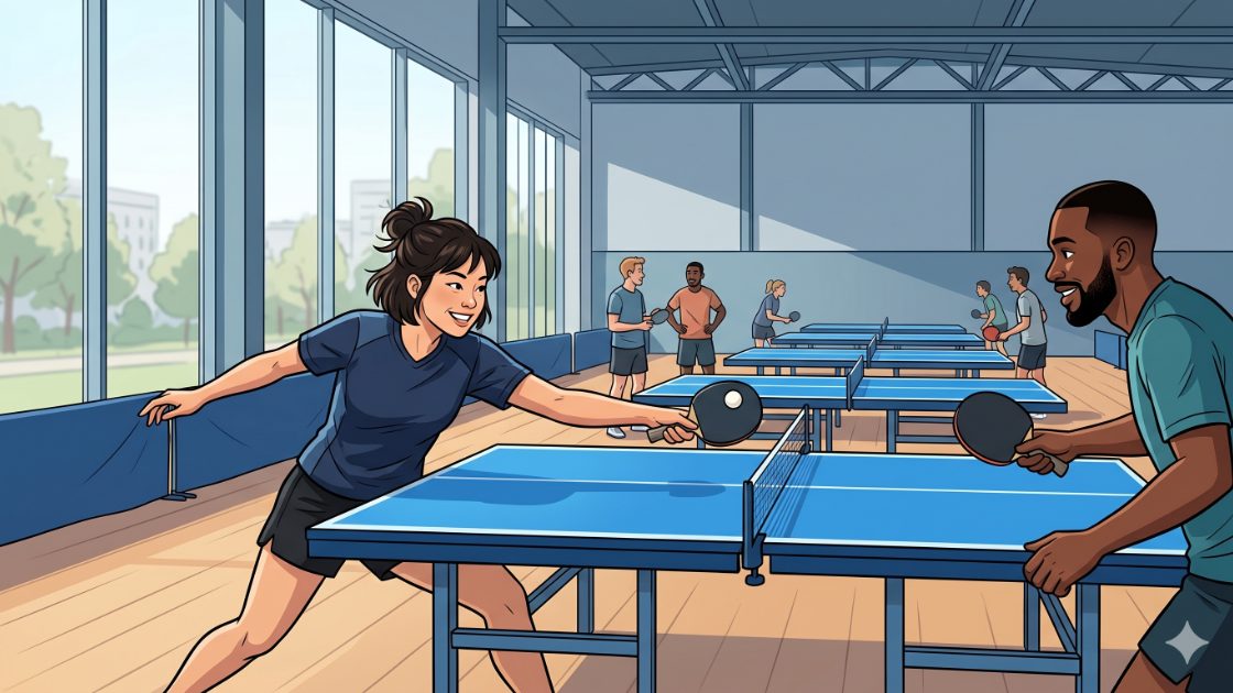 Two players rallying on blue tables in a bright indoor Berlin table tennis hall