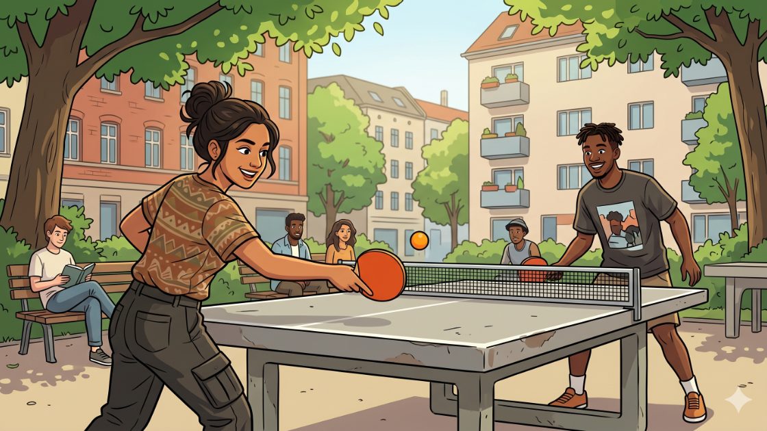 Two table tennis partners playing at a free outdoor concrete table in a Berlin park