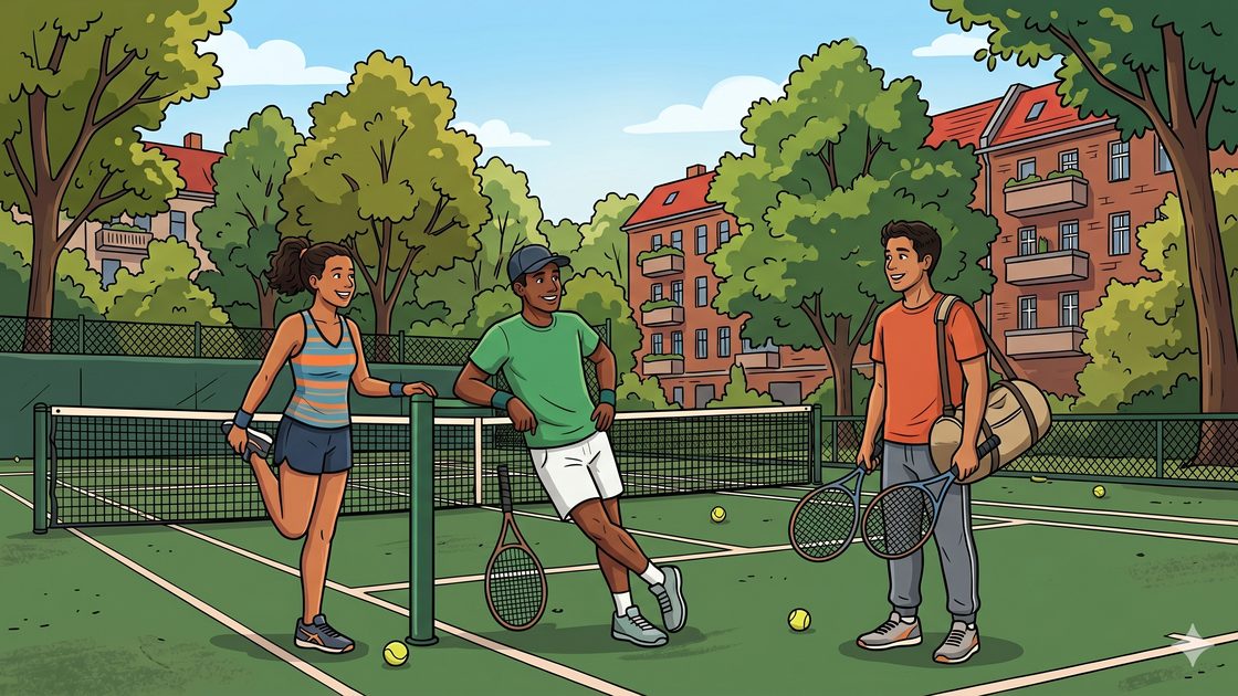Friends booking and warming up on a public Berlin tennis court in summer