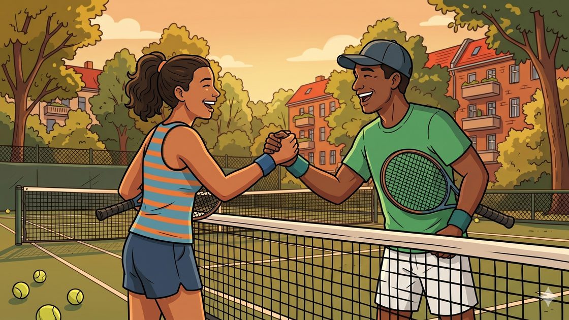 Two players shaking hands at the net after a friendly tennis hit