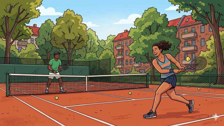 Two young adults rallying on an outdoor clay tennis court in Berlin