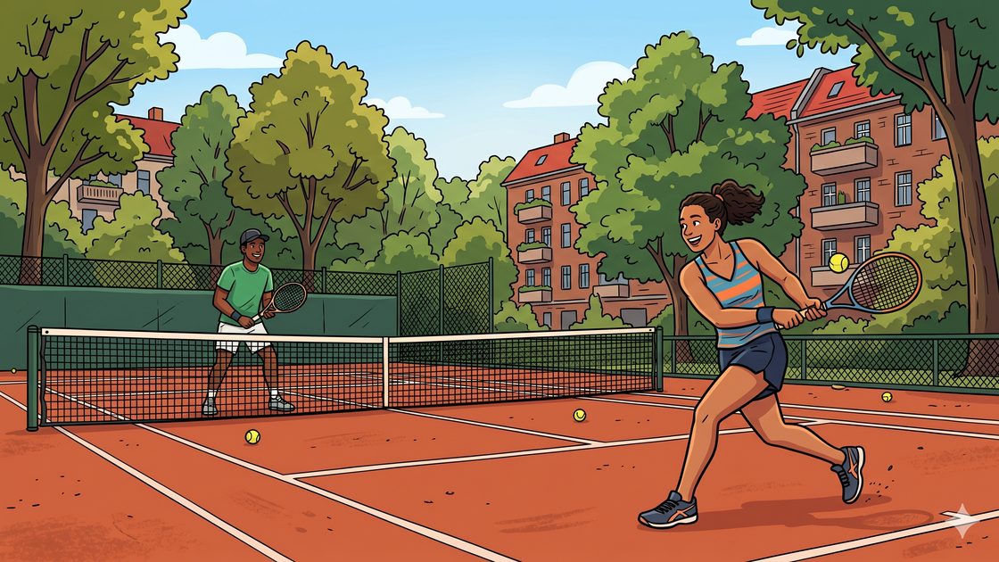 Two young adults rallying on an outdoor clay tennis court in Berlin