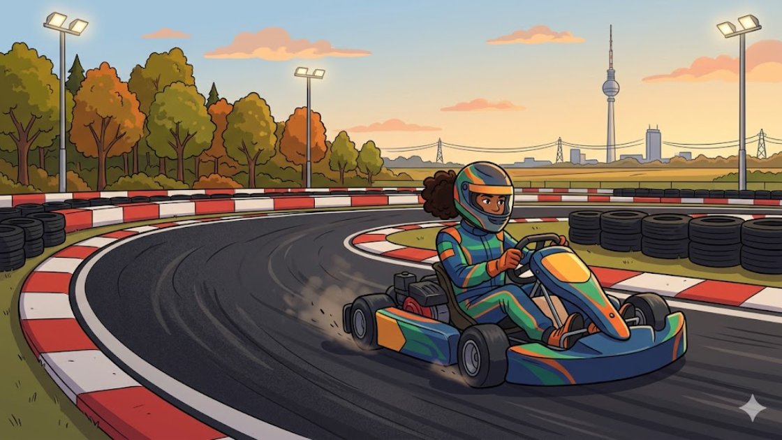 Driver leaning into a corner on a floodlit outdoor kart circuit near Berlin